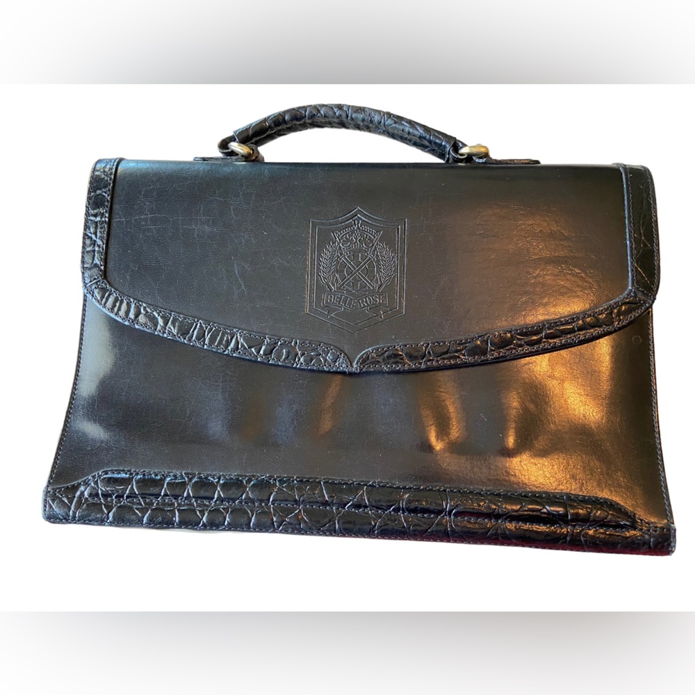 Vintage High End BELLE ROSE Black Leather Briefcase Attaché Purse Hand Bag RARE